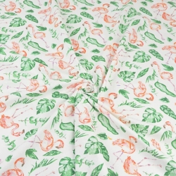 Baumwolle 100% Flamingos in tropischen Blättern auf weißem Hintergrund  
