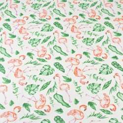 Baumwolle 100% Flamingos in tropischen Blättern auf weißem Hintergrund  