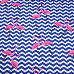 Baumwolle 100% Flamingos mit dunkelblauen Zickzack auf weißem Hintergrund  