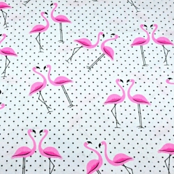 Baumwolle 100% Flamingos mit schwarzen Punkten auf weißem Hintergrund  