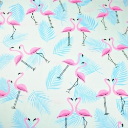 Baumwolle 100% Flamingos mit Blättern rosa-himmelblau auf weißem Hintergrund  