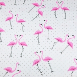 Baumwolle 100% Flamingos mit grauen Punkten auf weißem Hintergrund  