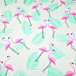 Baumwolle 100% Flamingos mit Blättern rosa-minze auf weißem Hintergrund  