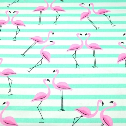 Baumwolle 100% Flamingos mit mintfarbenen Streifen auf weißem Hintergrund  