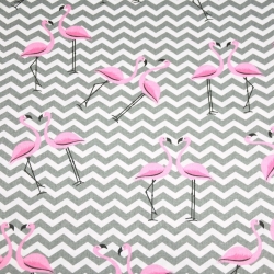 Baumwolle 100% Flamingos mit grauen Zickzack auf weißem Hintergrund  