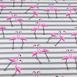 Baumwolle 100% Flamingos mit grauen Streifen auf weißem Hintergrund  