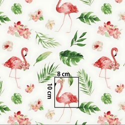 Baumwolle 100% Flamingos mit Kränzen und Blättern auf weißem Hintergrund  