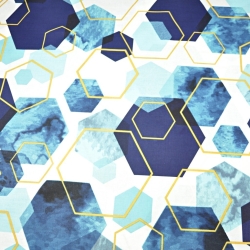 Baumwolle 100% geometrische Rauten blau-gold auf weißem Hintergrund