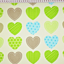 Baumwolle 100% Herzen gemustert grün-braun auf ecrufarbenem Hintergrund  