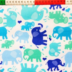 Baumwolle 100% Elefanten blau und grün auf weißem Hintergrund  