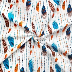 Baumwolle 100% Federn mit Perlen orange-blau auf weißem Hintergrund  