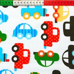 Baumwolle 100% Autos rot-blau-grün auf weißem Hintergrund  