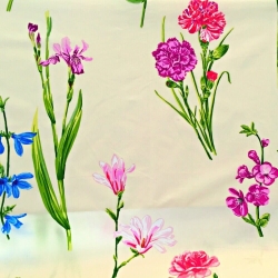 Baumwolle 100% Blumen Iris und Nelken auf ecrufarbenem Hintergrund  