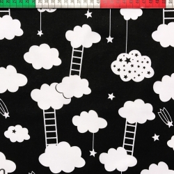 Baumwolle 100% Wolken mit Leitern weiß auf schwarzem Hintergrund  