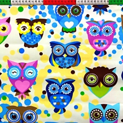 Baumwolle 100% große Eulen blau-lila auf weißem Hintergrund  
