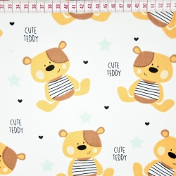 Baumwolle 100% Beige TEDDY Bären mit mintfarbenen Sternen auf weißem Hintergrund  