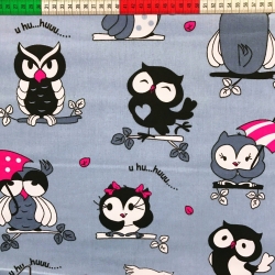 Baumwolle 100% Eulen verrückt mit rosa auf grauem Hintergrund  