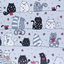 Baumwolle 100% Katzen verrückt in Streifen mit rot auf grauem Hintergrund  