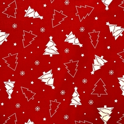 Baumwolle 100% Weihnachtsmuster Tannenbäume weiß auf rotem Hintergrund  
