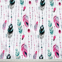 Baumwolle 100% Federn mit Perlen rosa-grün auf weißem Hintergrund  