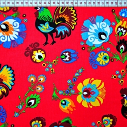 Baumwolle 100% Hähne Łowickie roter Hintergrund  