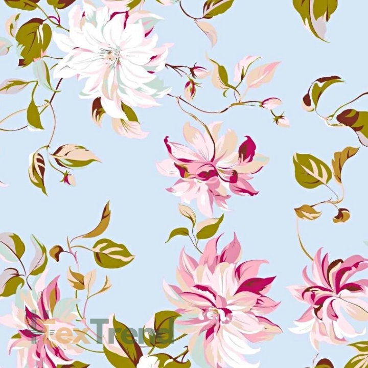 Baumwolle 100% Clematis Blumen auf hellblauem Hintergrund  