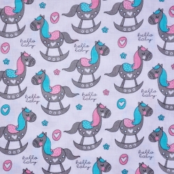Baumwolle 100% Schaukelpferde grau-mint auf weißem Hintergrund  