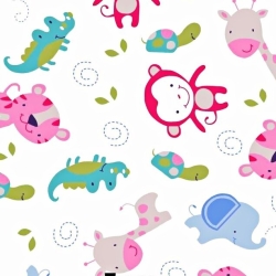 Baumwolle 100% Tiere aus Afrika blau-rosa auf weißem Hintergrund  