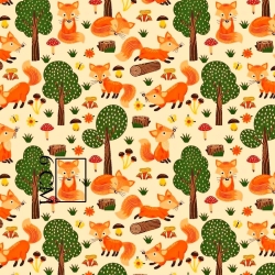 Baumwolle 100% Füchse im Wald auf ecrufarbenem Hintergrund  