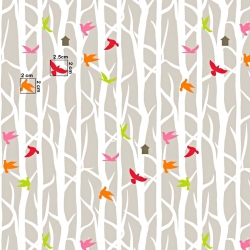 Baumwolle 100% Vögel auf Bäumen auf beige Hintergrund  