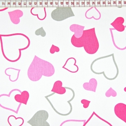 Baumwolle 100% Herzen LOVE rosa-grau auf weißem Hintergrund  