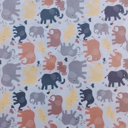 Baumwolle 100% Elefanten braun-gelb auf weißem Hintergrund  