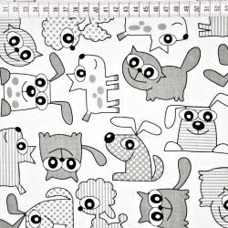 Baumwolle 100% Hunde und Katzen grau auf weißem Hintergrund  