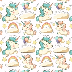 Baumwolle 100% Einhörner mit Luftballons auf weißem Hintergrund  