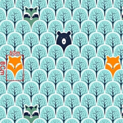 Baumwolle 100% Waschbären und Füchse in mintfarbenen Bäumen  