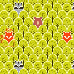 Baumwolle 100% Waschbären und Füchse in grünen Bäumen  