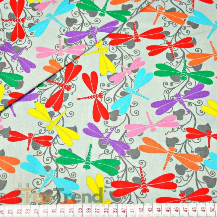 Baumwolle 100% bunte Libellen auf grauem Hintergrund  