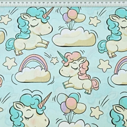 Baumwolle 100% Einhörner mit Luftballons auf mintfarbenem Hintergrund  