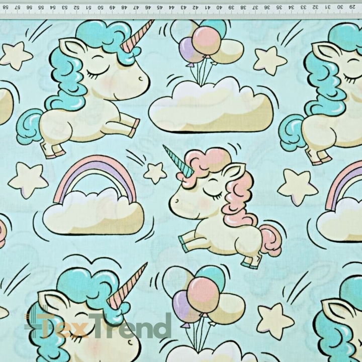 Baumwolle 100% Einhörner mit Luftballons auf mintfarbenem Hintergrund  