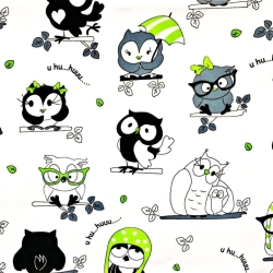 Baumwolle 100% verrückte Eulen mit Grün auf weißem Hintergrund  