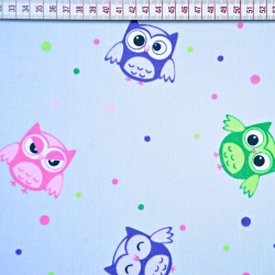 Baumwolle 100% Eulen mit Punkten auf hellblauem Hintergrund  