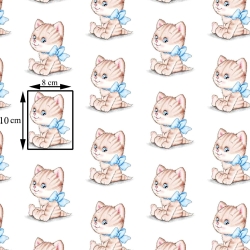 Baumwolle 100% Kätzchen beige mit blauen Schleifen auf weißem Hintergrund  