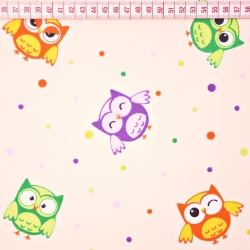 Baumwolle 100% Eulen mit Punkten auf vanillefarbenem Hintergrund  
