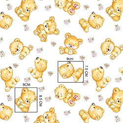Baumwolle 100% Bären beige mit Blumen auf weißem Hintergrund  