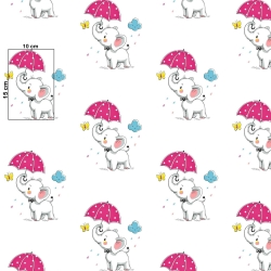 Baumwolle 100% Elefanten mit rosa Regenschirmen auf weißem Hintergrund  