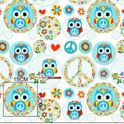Baumwolle 100% Eulen in blau-mintfarbenen Kreisen auf weißem Hintergrund  