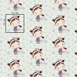 Baumwolle 100% Mädchen mit Marienkäfer auf mint-weißem Hintergrund  