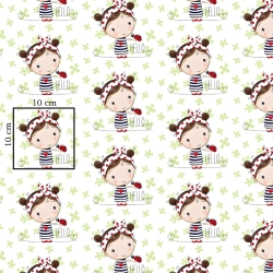 Baumwolle 100% Mädchen mit Marienkäfer auf grün-weißem Hintergrund  