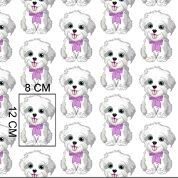 Baumwolle 100% Hunde mit lila Schleife auf weißem Hintergrund  