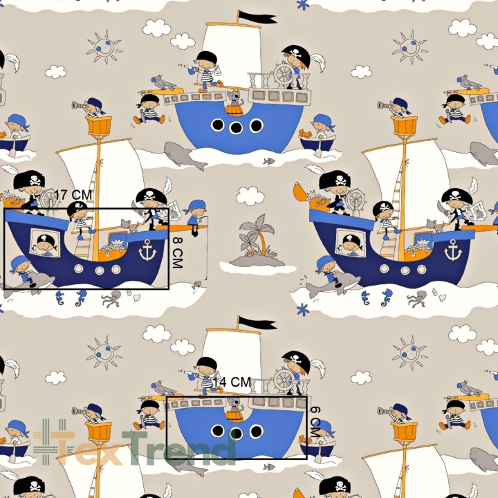 Baumwolle 100% Piratenschiffe auf hellbeigem Hintergrund  